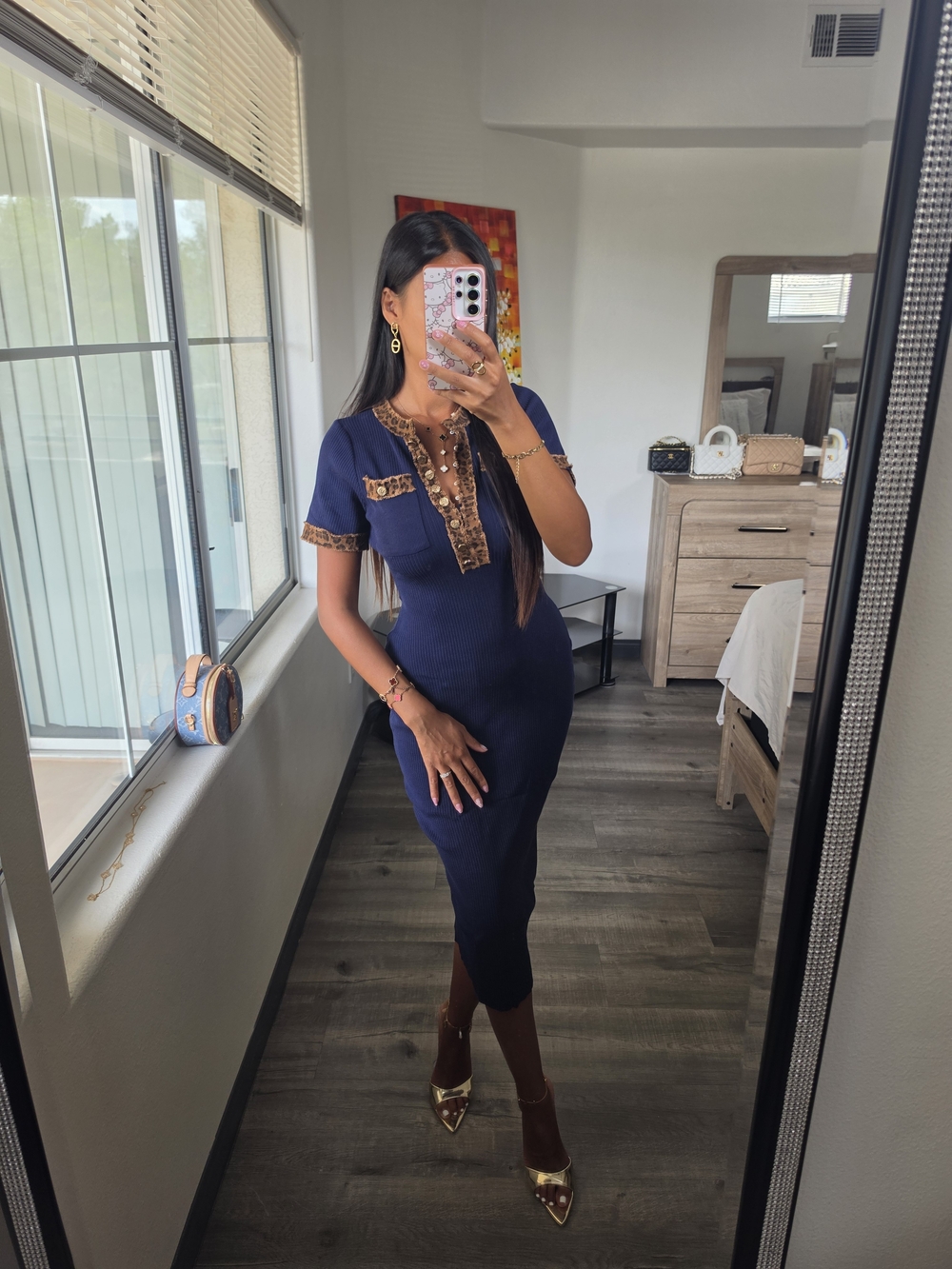 Navy Short-Sleeve Midi Dress with Leopard Trim